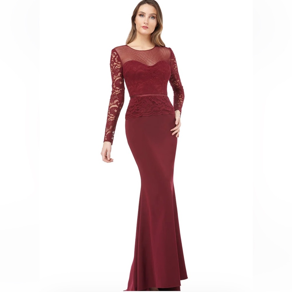 JS COLLECTIONS ILLUSION NECK LACE MERMAID GOWN